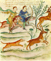 Miniatura rom�nica: Ippocrate, "de diversis herbis". Escuela siciliana, s.XIII. Florencia, Biblioteca Laurentiana, Ms. Plut. 73, 16, c. 90 r. La Caza del ciervo.