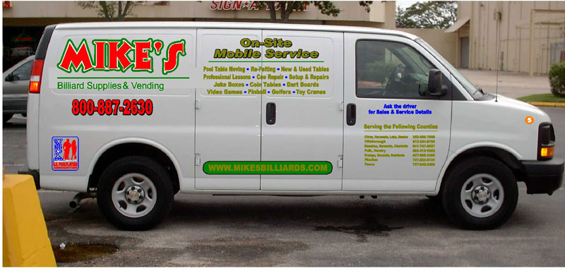 This 2006 Chev van is one of 5 service vehicles that is specially used to service pool table and billiard tables all over the 55 Counties in Florida that Mike's Billiard Supplies and Crating provides recover, re-rubber and crating service to