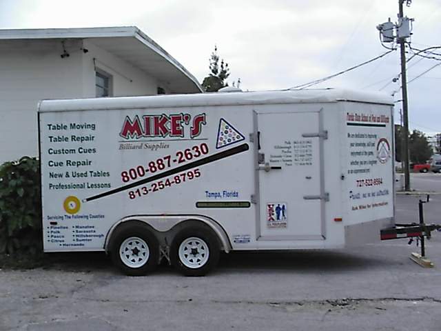 a 14' cargo trailer setup specially to transport pool tables, billiard tables and snooker tables safely includes all of the following - 55 - Florida Counties. Alachua, Baker, Bradford, Brevard, Broward, Charlotte, Citrus, Clay, Collier, Columbia, Dade, De Soto, Dixie, Duval, Flagler, Gadsden, Gilchrist, Glades, Hamilton, Hardee, Hendry, Hernando, Highlands, Hillsborough, Indian River, Jackson, Jefferson, Lafayette, Lake, Lee, Leon, Levy, Madison, Manatee, Marion, Martin, Monroe, Nassau, Okeechobee, Orange, Osceola, Palm Beach, Pasco, Pinellas, Polk, Putnam, St. Johns, St. Lucie, Sarasota, Seminole, Sumter, Suwannee, Taylor, Union, Volusia and Wakulla County that Mike's Billiard Supplies and Crating provides service to.