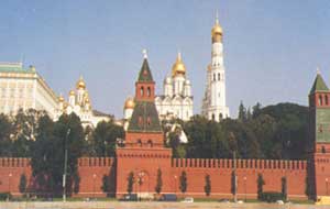 partial view,from outside Moscow Kremlin wall towers,church domes and parliament