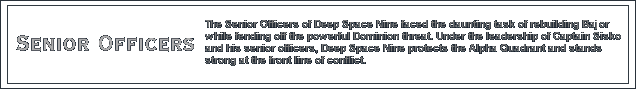 The Senior Officers of Deep Space Nine face the daunting task of rebuilding Bajor while fending off the powerful Dominion threat. Under the leadership of Captain Sisko and his senior officers, Deep Space Nine protects the Alpha Quadrant and stands strong at the front line of conflict. The death of Jadzia Dax saddened all who knew her, and she shall be remembered as an intelligent, beautiful woman who was a light in everyone's life. Likewise, we welcome Ezri Dax to the folds of senior officer ranks and wish her well.