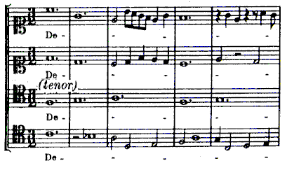 Esempio di cantus firmus: il cantus firmus gregoriano è affidato al tenor(G. de Machaull "Deo Gracias" dalla "Messe de Notre-Dame")