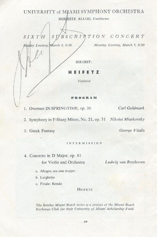 Heifetz autographed program