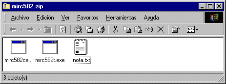Arxiu descarregat obert amb els arxius mirc582ca.exe, mirc582t.exe i nota.txt