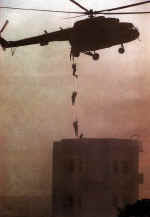 Landing on a roof to storm a terrorist hideout.
