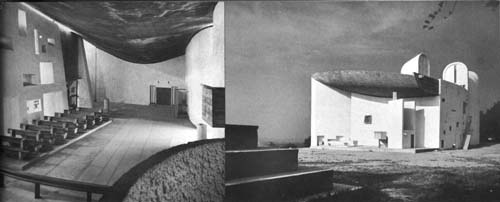 Chapel of Notre Dame du Haut, Ronchamp, France - interior view and rear exterior view