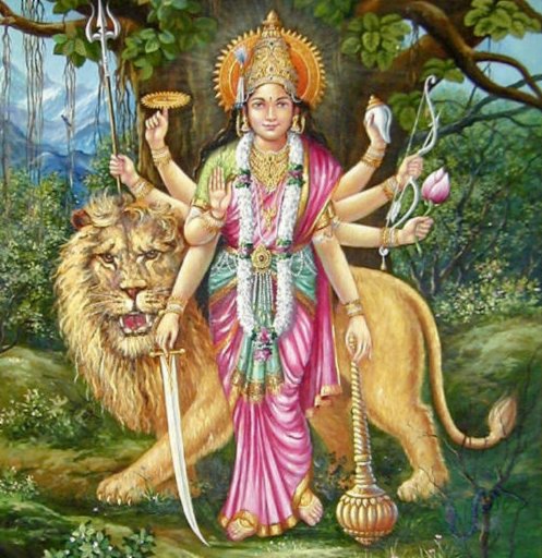 Mother Durga pictured here with her sacred weapons and tiger mount.