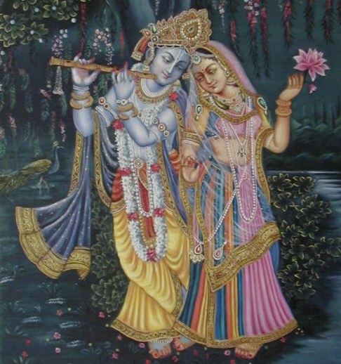Lord Krishna, the one with the flute, here seen with his girlfriend Radha.
