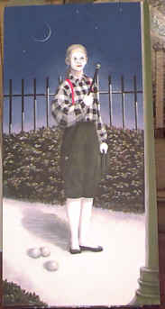 Mime standing under streetlight at dusk