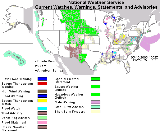 This
image displays
 watches, warnings, statements and advisories issued by the National
Weather
 Service