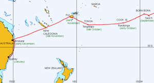 Planned route of Pacific Ocean crossing - western half