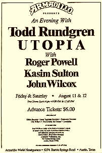 Promotional poster: An Evening with Todd Rundgren... Utopia... Armadillo World Headquarters, Austin, TX...