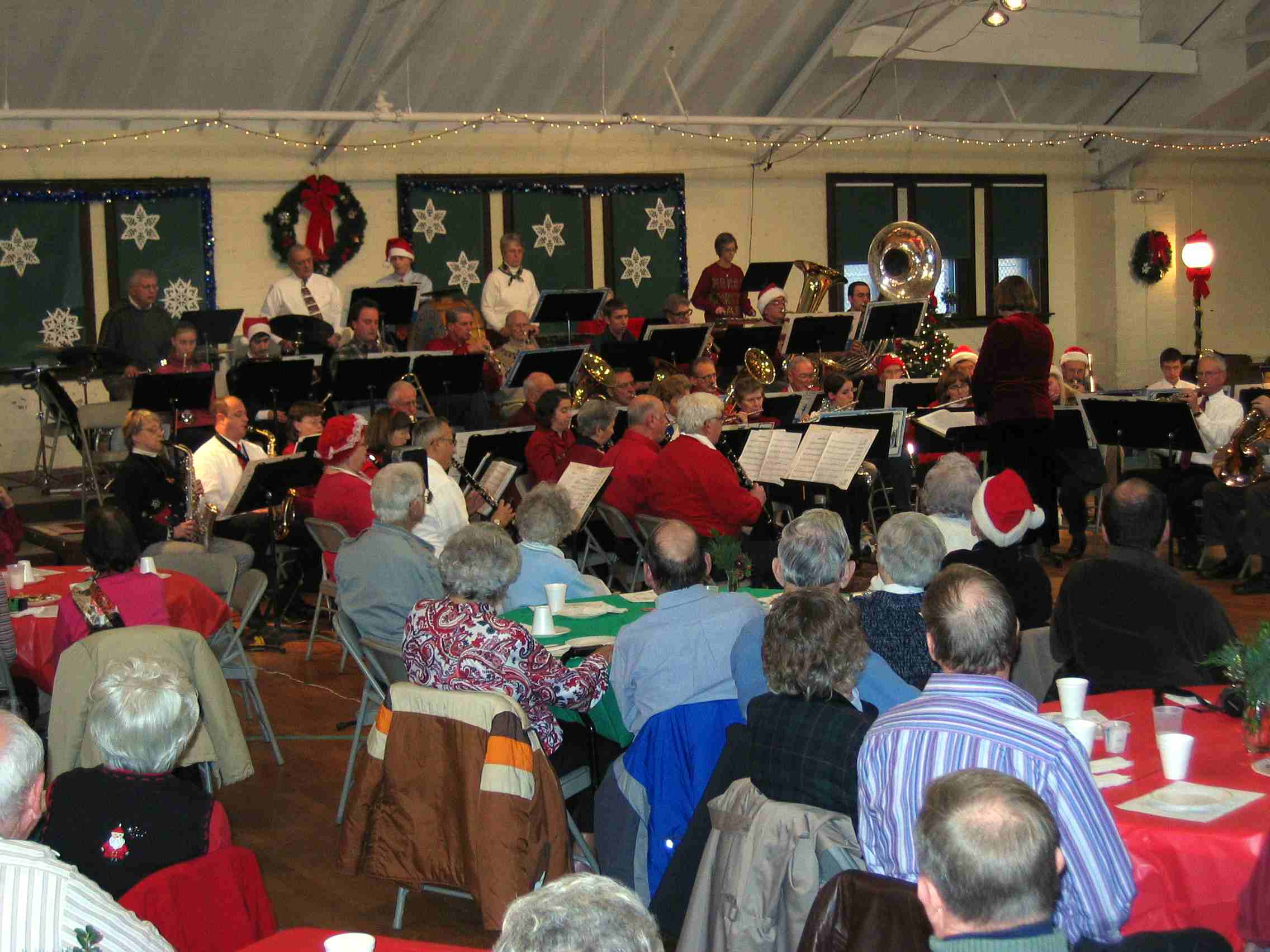 A festive crowd listens to the band