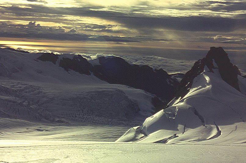 Foreground, the Tasman glacier and the distant horizon, the Tasman sea