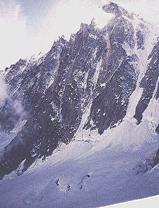 The 1600m Gervasutti pillar start from the lower left hand corner of the photo.