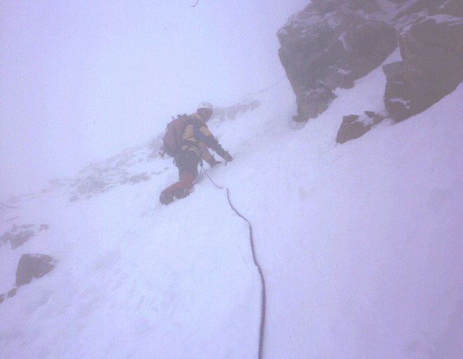 Dr Kung leading the final pitch towards the summit ridge of the Monch before our desperate retreat.