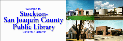 Stockton-San Joaquin County Public Library title and pictures of four branch libraries