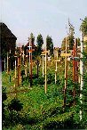 Krzyze. Z lewej strony fragment bylego klasztoru karmelitanek, z prawej mur KL Auschwitz.
