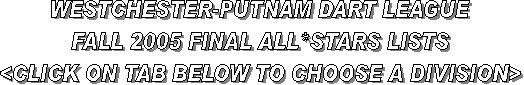 WESTCHESTER-PUTNAM DART LEAGUE
FALL 2005 FINAL ALL*STARS LISTS
<CLICK ON TAB BELOW TO CHOOSE A DIVISION>