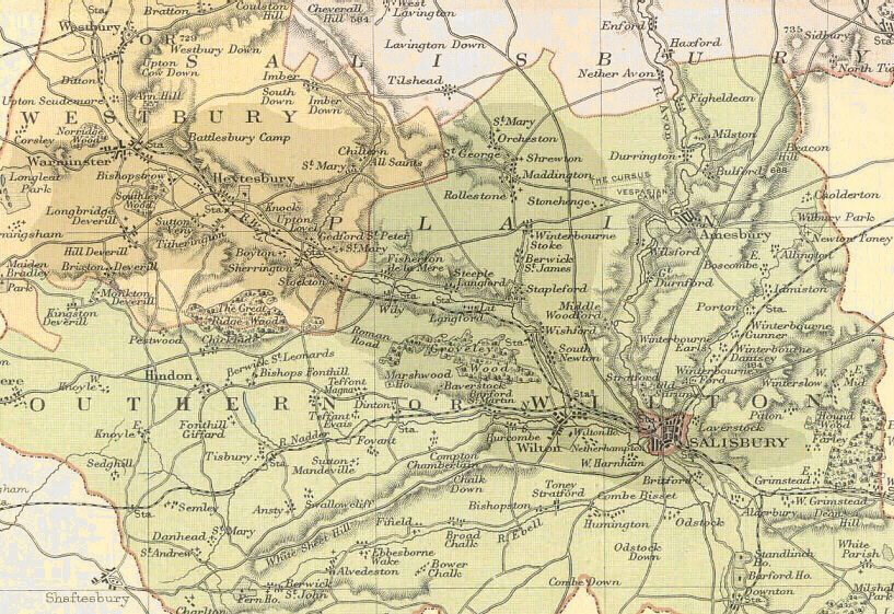 Wiltshire Map of 1890, Wylye Valley area highlighted.