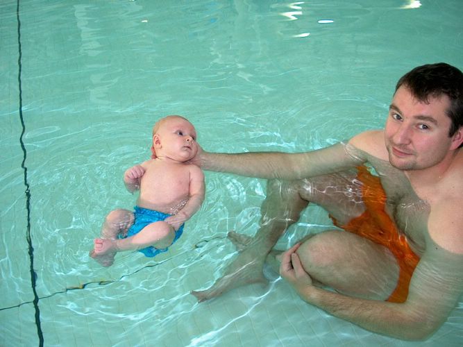 Swimming with my dad is cool.