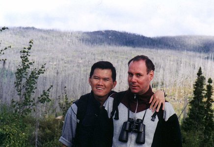 Yin Choy and Sylvain with burned boreal forest, Sept. 2nd 2001