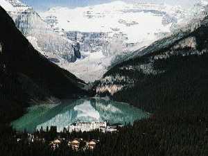 Lake Louise as seen with a telephoto lens from the Lake Louise Ski area