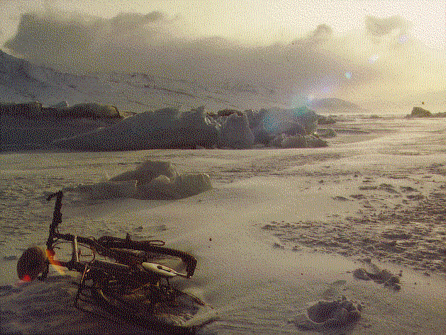 bike covered in snow on Greenland in winter