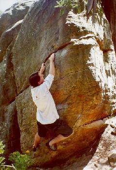 Me sketching across the Mission Impossible traverse start into Eastern Bloc Arete