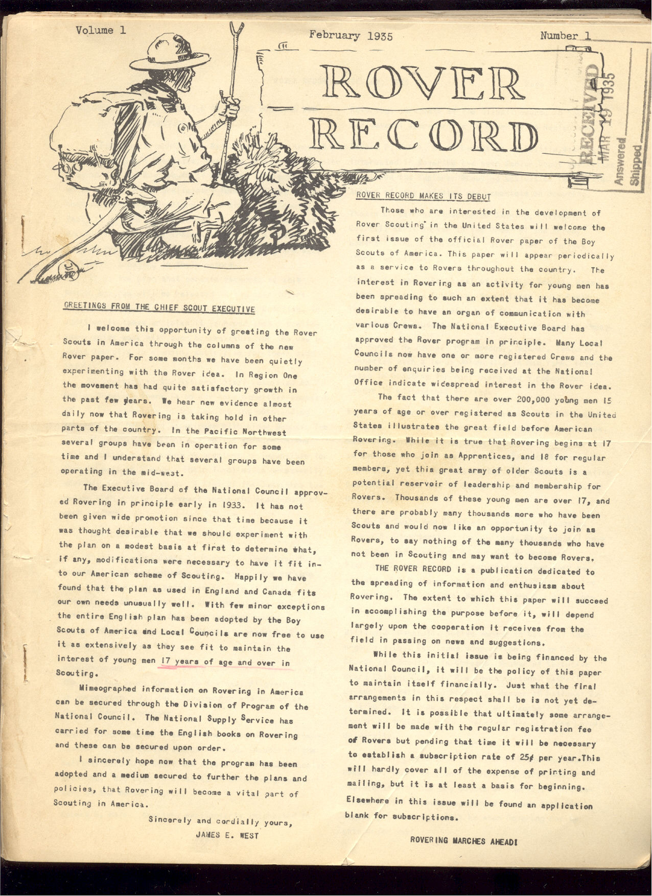Rover Record #1, Feb 1935