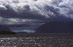 A glacier carves into the straits of Magellan