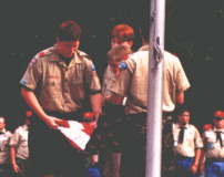 Troop 476 does the evening flag ceremony at camp