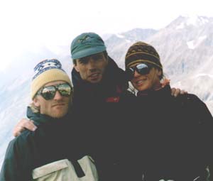 Sasha Baidaev, Yegor and Lisa Pahl on the top of Gumachi, the Caucasus