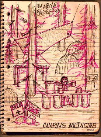 pen and ink drawing of the medic tent at the rainbow gathering