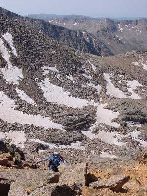 Mary in Sunlight Peak's Red Couloir
