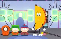  Kenny, Kyle and Stan standing next to an alien who looks like a taco.(that craps ice cream)