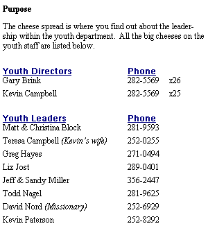 Text Box: PurposeThe cheese spread is where you find out about the leadership within the youth department.  All the big cheeses on the youth staff are listed below.Youth Directors	PhoneGary Brink	282-5569	x26Kevin Campbell	282-5569	x25Youth Leaders	PhoneMatt & Christina Block	281-9593Teresa Campbell (Kevins wife)	252-0255	Greg Hayes	271-0494Liz Jost	289-0401Jeff & Sandy Miller	356-2447Todd Nagel	281-9625David Nord (Missionary)	252-6929Kevin Paterson	252-8292