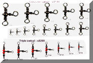 Fishing swivels, and snap. Barrel, Rolling, Crane swivel, 3 way swivel, crossline and  Triple swivel. A , interlocking B, Duo lock, Coastlock, cross lock  snap.