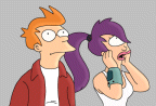 Leela and Fry look on in horror at ...something