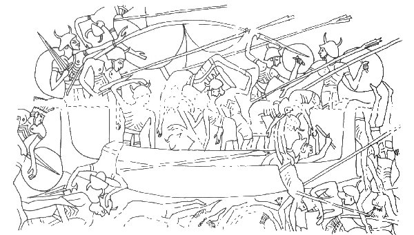 Figure i) The Sea Peoples v Ramesses III; from Medinet Habu (Shaw 1991)