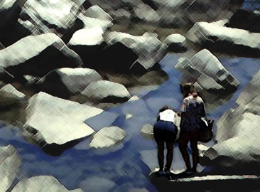 hikers by river