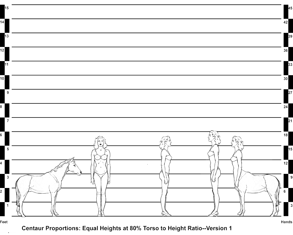 Horse, Human and Centaur Comparisons--Equal Heights with 80% Torso to Height Ratio--Version 1