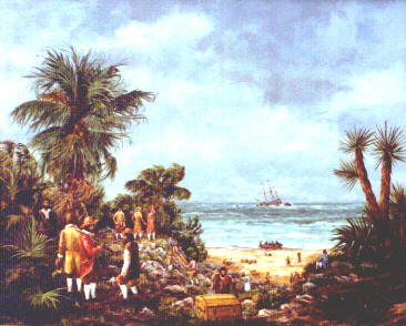 Survivors arrive on shore following wreck of Sea Venture, 1609