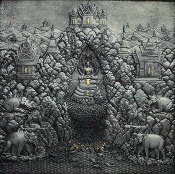 Bas Relief of waterfall and Buddha with Mountains