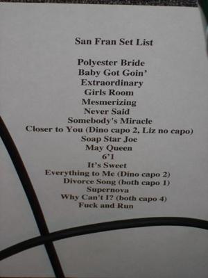 setlist from Café Du Nord, San Francisco, CA, August 18, 2005