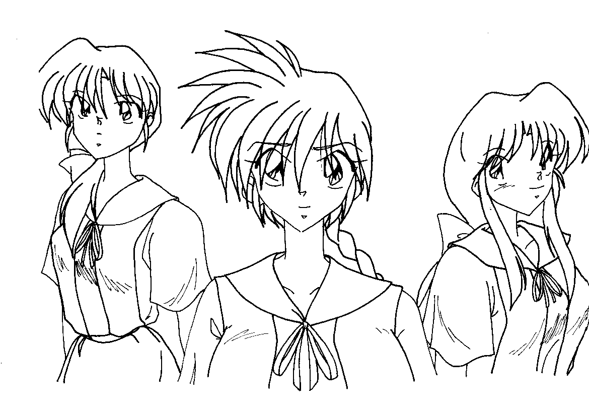 Inked Sketch of Kasumi, Ranma, and Akane