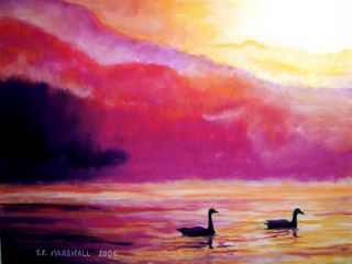 Geese at Sunset Watercolor by Tom Marshall.