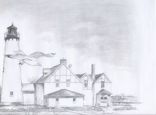 Point Iroquois Lighthouse, pencil drawing by Fred Peterson