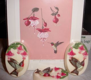 Hummingbird and Fuschia, painting, with hummingbird soaps by Judy Colein